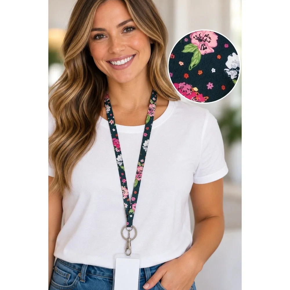 Vera Bradley Lanyard Hope Blooms Floral Gray‎ Pink Cotton Neck Strap 28145-X55